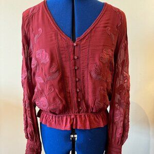 Anthropologie Maroon Embroidered Blouse